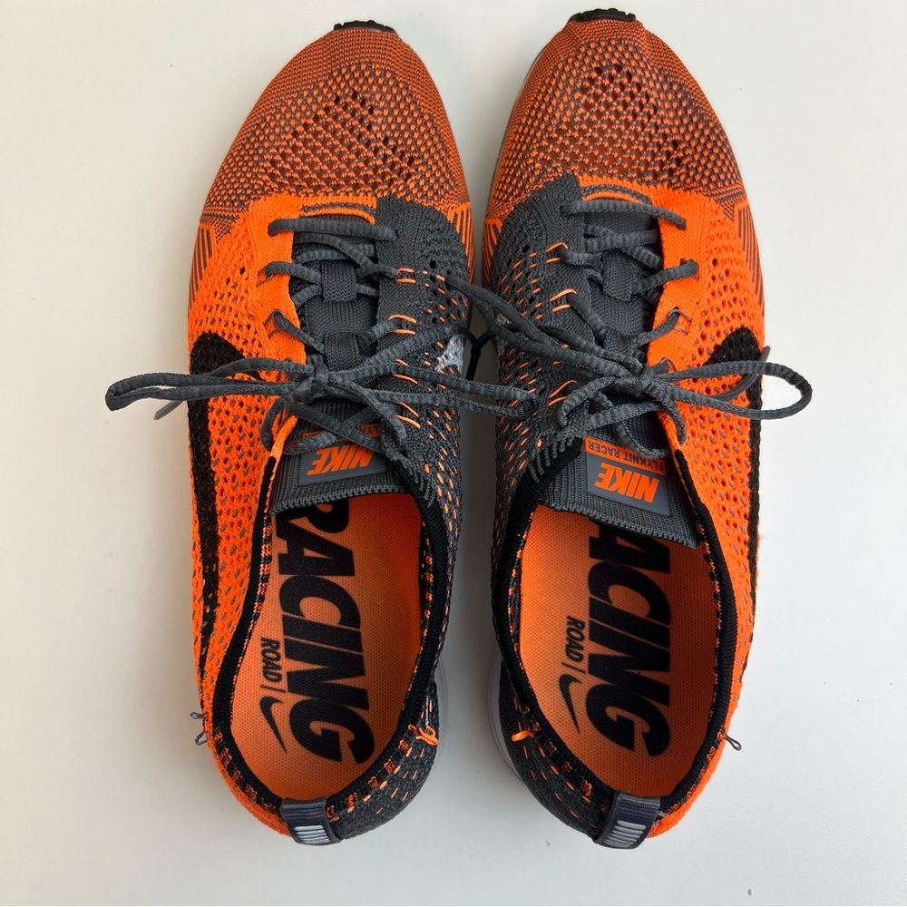 Nike Flyknit Racer Mens Size 9 Sneakers Runners Orange Black Mesh Swoosh - Picture 5 of 10